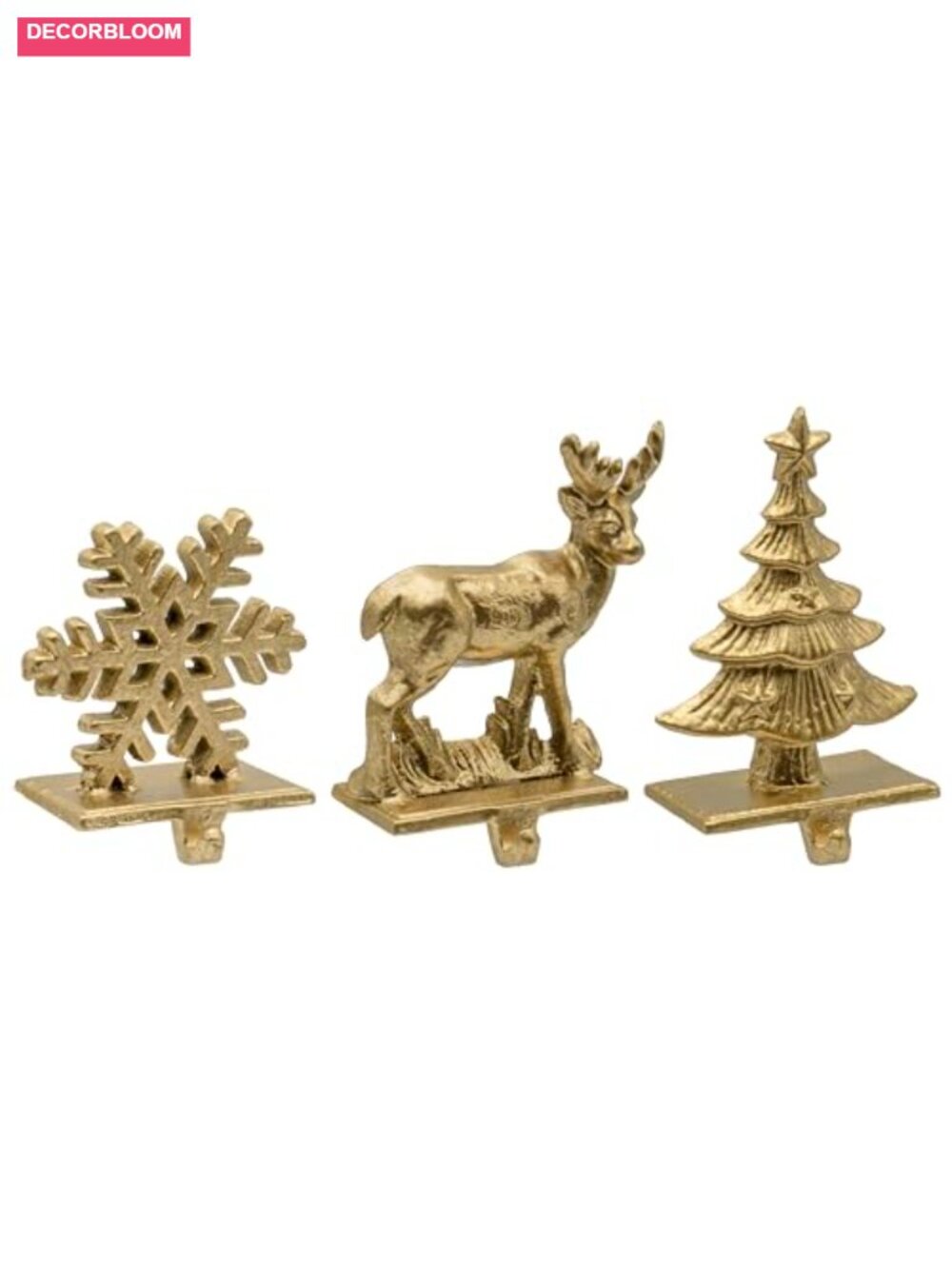 Set of 3 Cast Iron Christmas Stocking Holders Snowflake Reindeer Tree Mantel